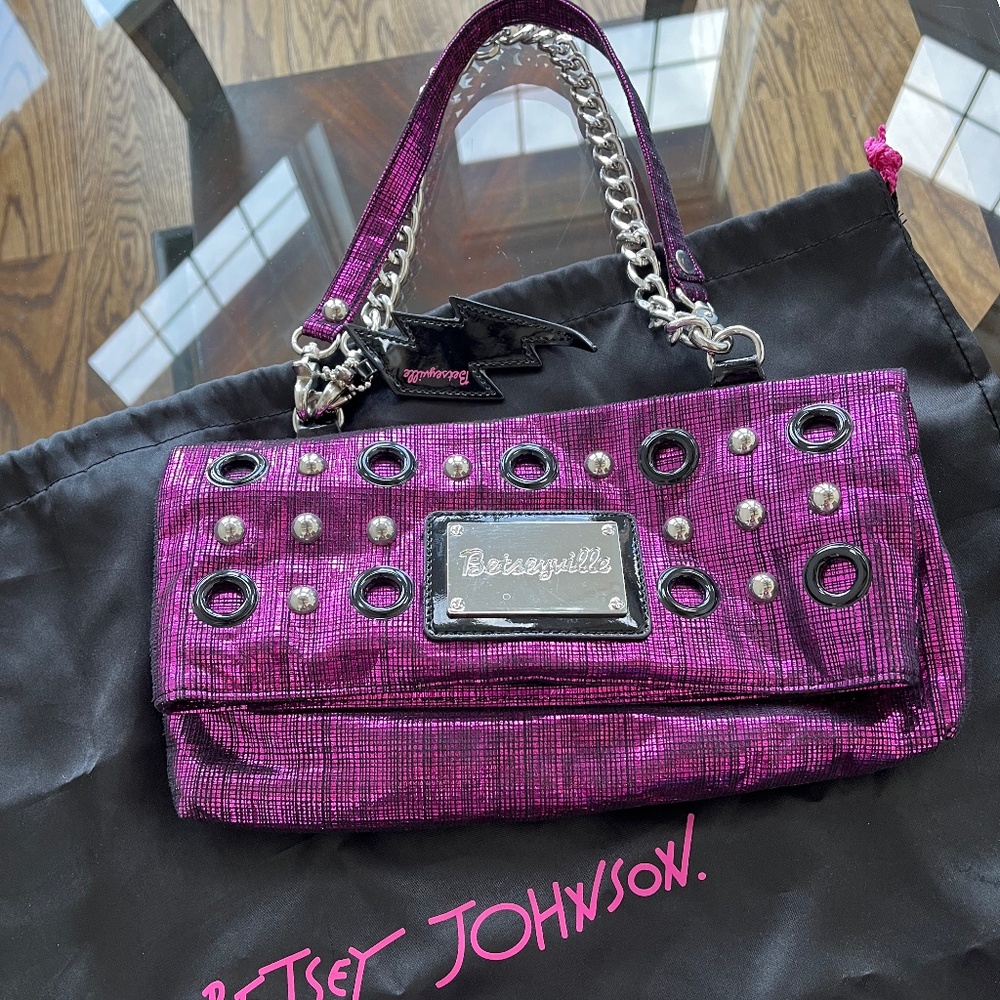 Betsey Johnson edgy purple metallic studs lightning bolt fold over purse